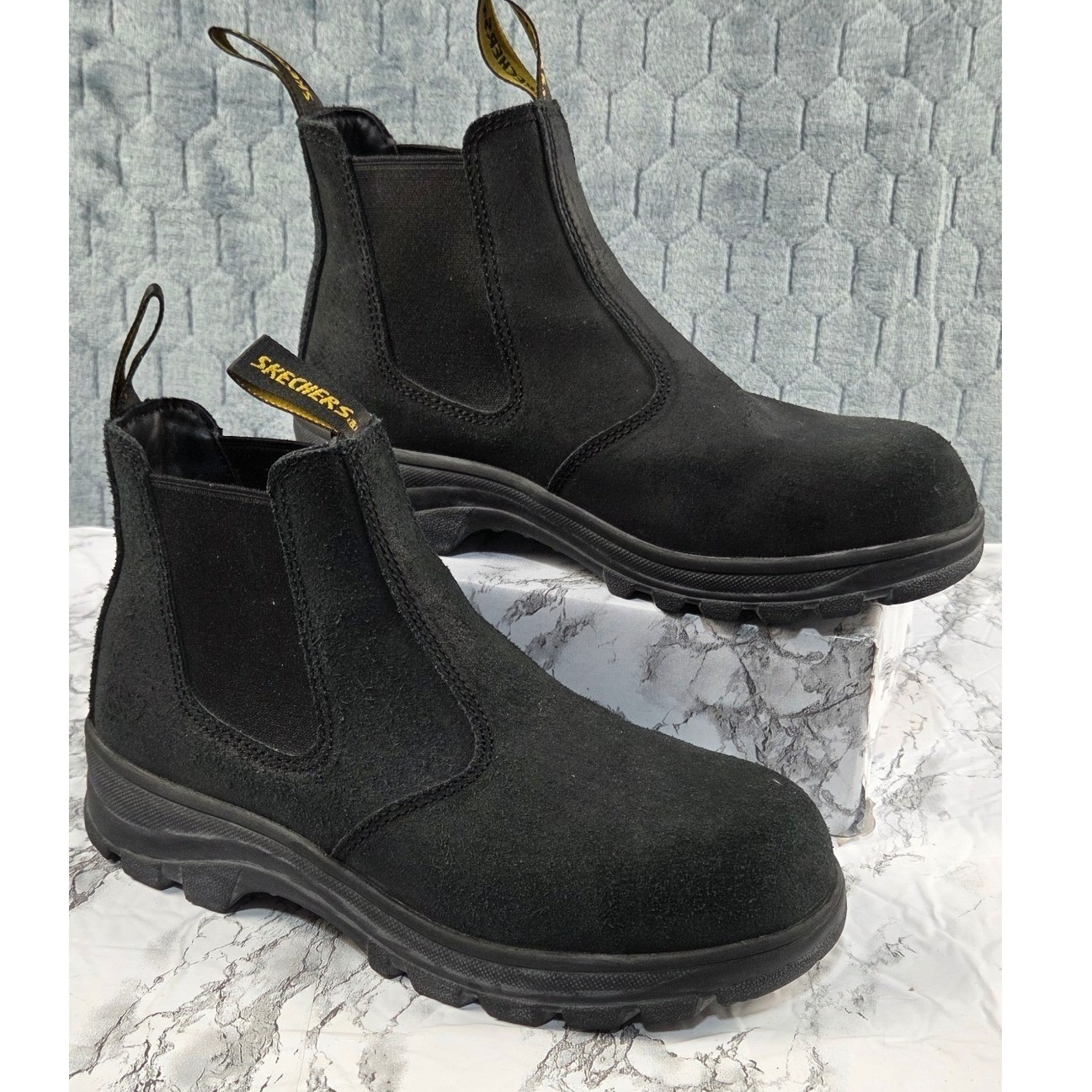 Skechers Relaxed Fit Work Chelsea Boots Black Suede Composite Toe 108082 8.5